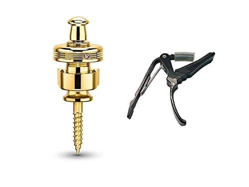 NEW MODEL (2018) Schaller Combo Pack S-Locks Straplocks (Gold) & Genuine Tenacity Branded Deluxe Guitar Capo