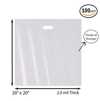 100 Pack 20" x 20" with 2 mil Thick Extra Large White Merchandise Plastic Glossy Retail Bags | Die Cut Handles | Perfect for Shopping, Large Packages, Children toys | Color White | 100% Recyclable
