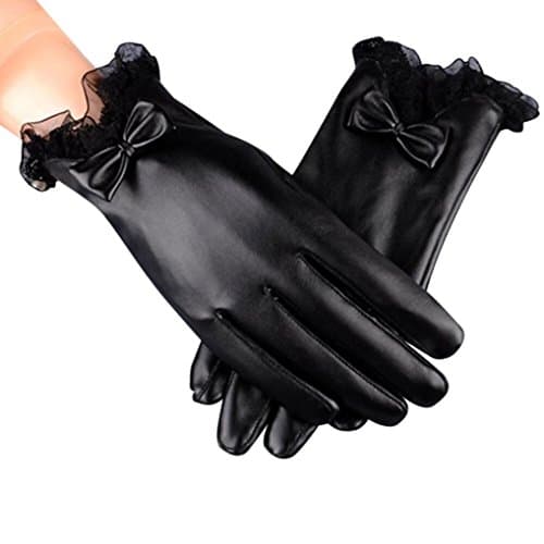 Winter Warm Gloves,Sulear PU Windproof Soft Plush Touchscreen Texting Driving Mitten For Women Girl,Lace+Bow Tie Decoration