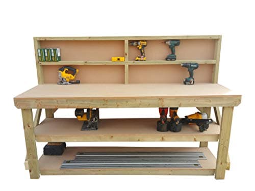 GMS TIMBER LTD Wooden MDF Workbench With Back and Double Shelf - Work Table Handmade Strong Heavy Duty - Made From Construction Grade Timber (5FT)