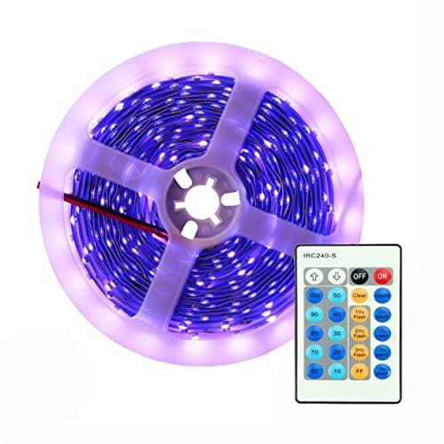 AMARS 3528 BlackLight UV LED Lights Strip with Remote Control Kit 16.4Ft/5M 395nm-405nm Black Light Fixtures for DJ, Party, 3D Print, UV Body Paints (Dimmable, 12V 2A Power Supply Included)