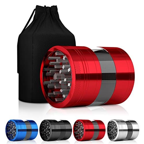 Aluminum Grinder, 4 Piece Crusher with Sharp Teeth, Filter, & Scraper, Size Adjustable, Grind & Crush Herbs/Spices/Tobacco - Red Color