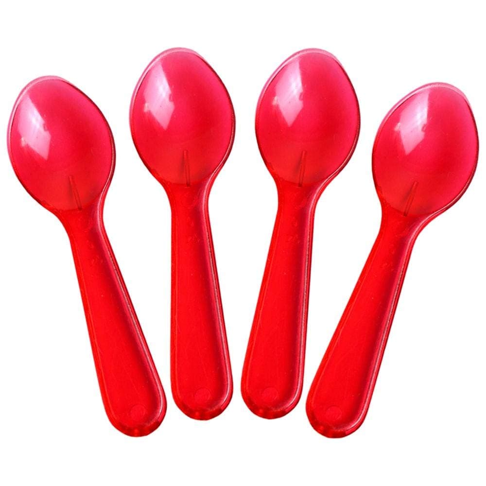 [25 Count] Transparent Red Mini Tasting Spoons - 3 Inch Plastic Sampling Spoons - Small Taster Spoons for Food, Ice Cream or Spices - Frozen Dessert Supplies