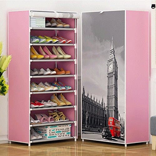 Luffar Simple-Assembling 8-Tire Shoe Storage Cabinet Large Capacity Shoe Rack Organizer with Non-woven Dustproof Cover (Pink Grey)