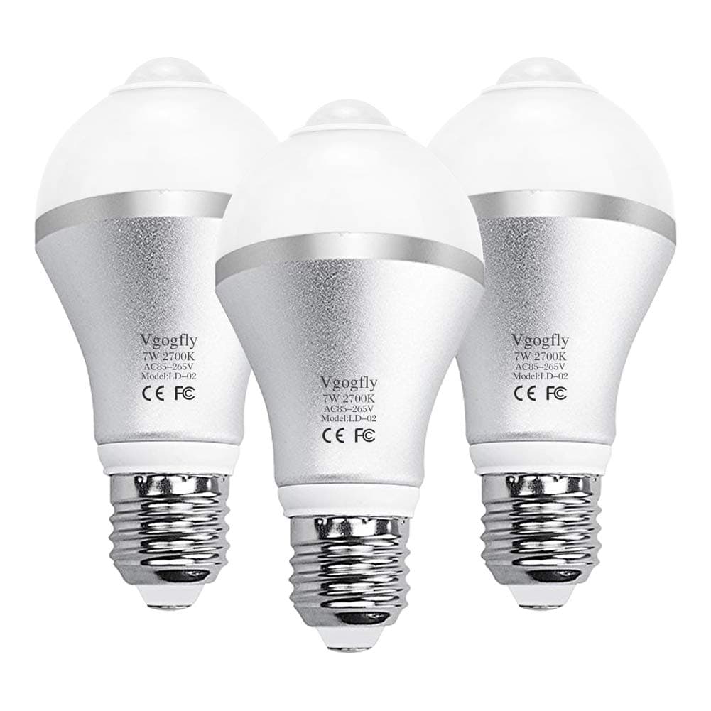 Motion Sensor Light Bulb Dusk to Dawn PIR Built-in Motion Sensing Activated Detector LED Bulbs Smart Outdoor Indoor Front Door Lamp 7W E26 Security(Warm White, 3 Pack)