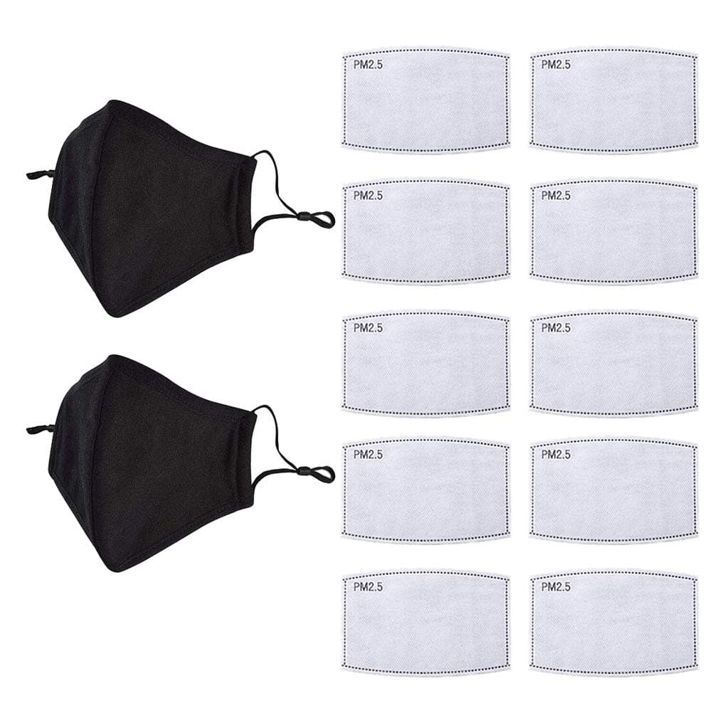 2 Pack PM 2.5 Air Pollution Masks with 10 Air Filter Cotton Sheet Washable Reusable N95 Anti Dust Smoke Face Mask Respirator with Adjustable Straps-Black