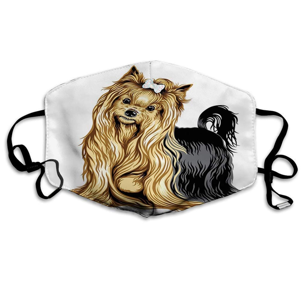 Anti-Dust Mouth M-ask Adjustable Earloop Face M-ask,Realistic Drawing Long Haired Yorkie Domestic Pet Cute Dog with Mild Expression