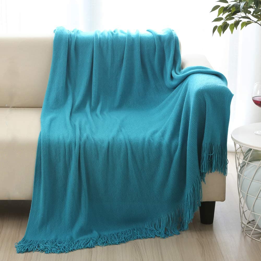 ALPHA HOME Soft Large Tassel Throw for Sofas and Chairs, Tassel Blanket Warm Cozy for Couch Bed Travel 127 x 152 cm, Machine Washable, Aqua