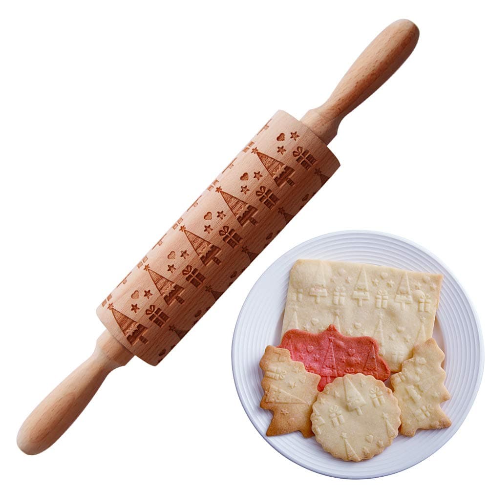 Embossed Rolling Pin Wooden Deep Printing with Christmas Tree Pattern for Christmas Theme Baking Pastries or Cookies (Christmas Tree)