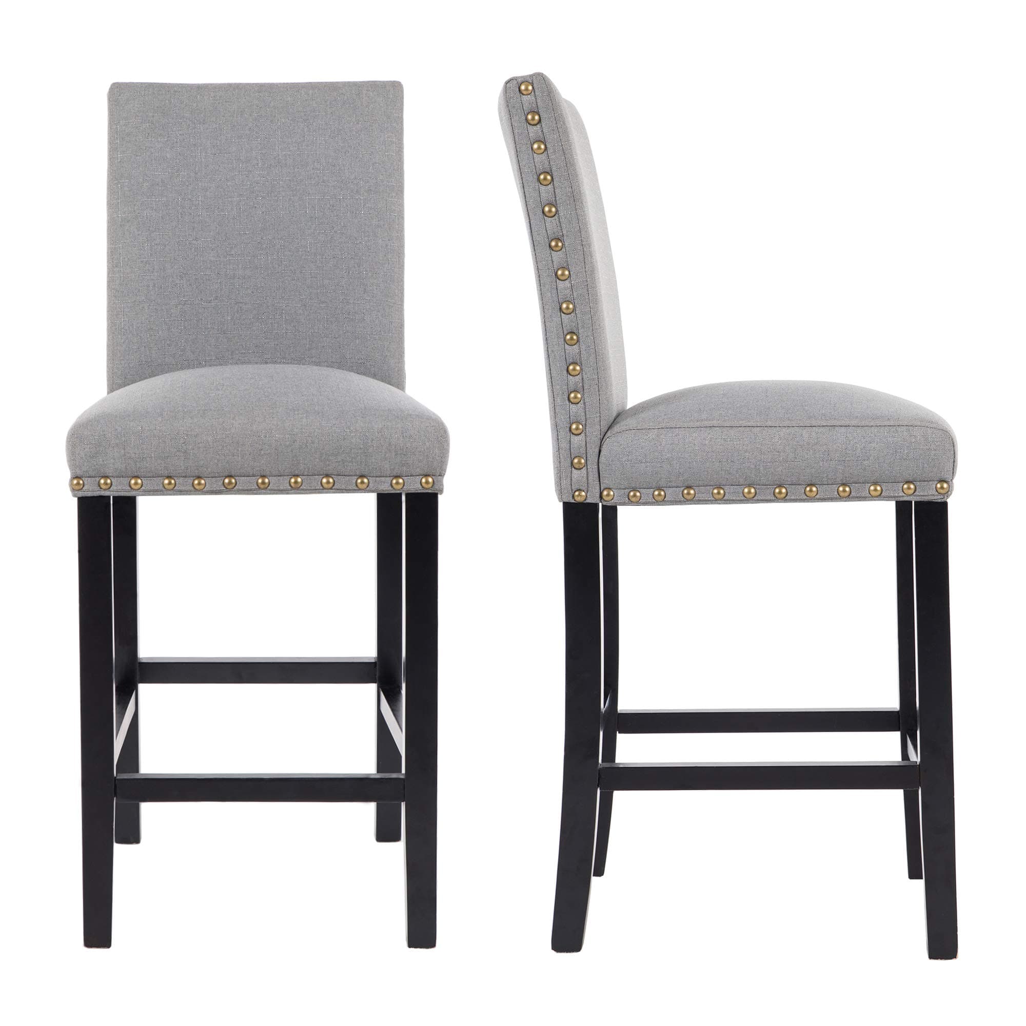 GOTMINSI Nailhead 24" Counter Height Stools Upholstered Bar Stools with Solid Wood Legs, Set of 2 (Grey)
