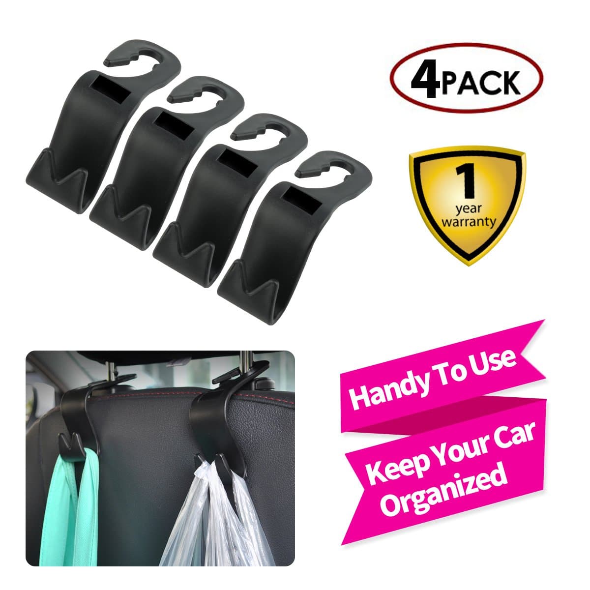 Car Seat Hooks 1 Second Easy Installing Sturdy Headrest Hooks for Car Back Seat Hook Keep Your Car Organized