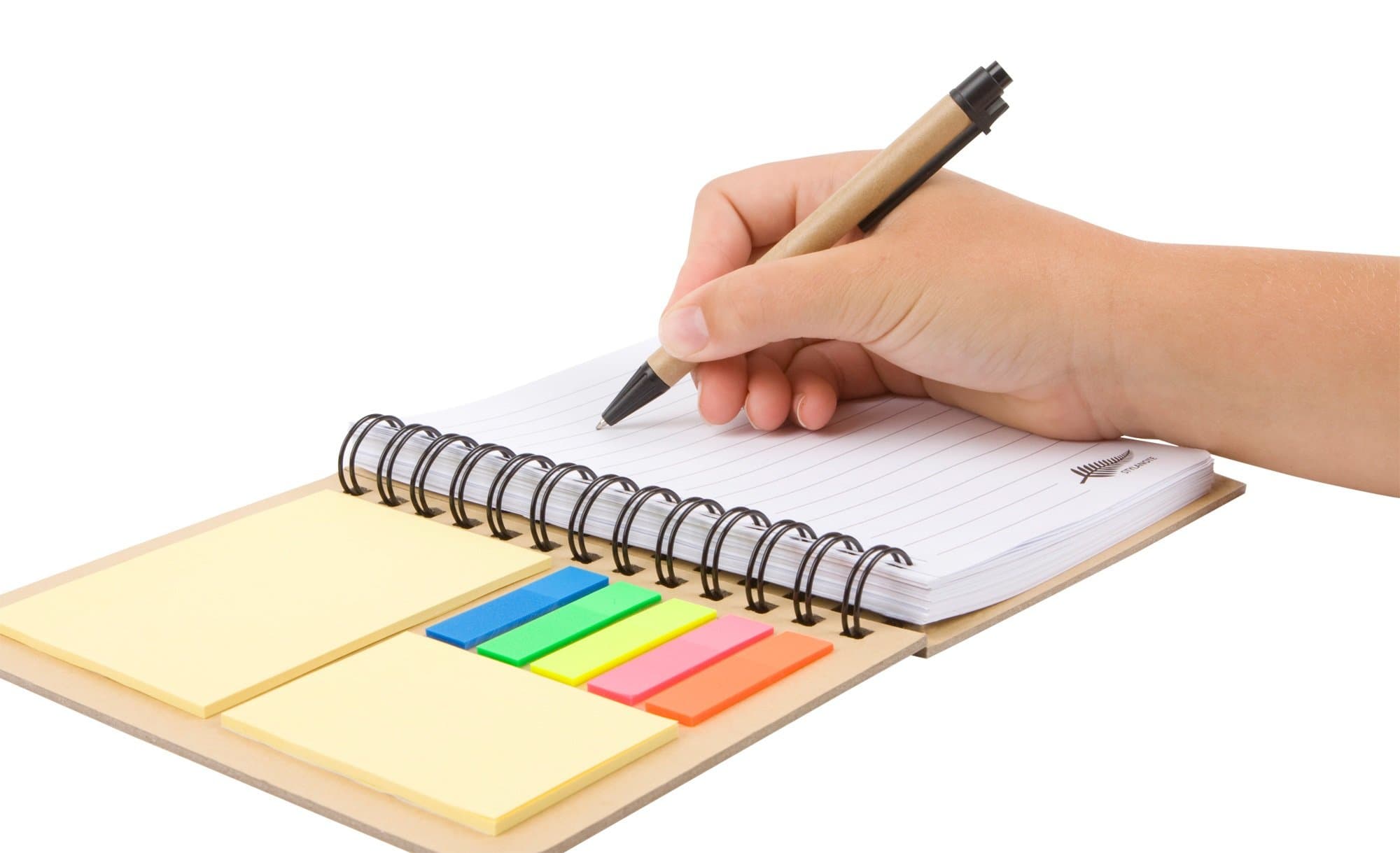 Notepad/Journal Spiral A5 Stylanote Fluoro Sticky Reminder Tabs Lined Notebook with Pen in holder Wirebound for Work, Home or Holiday for all ages. Never forget information again using your notepad.