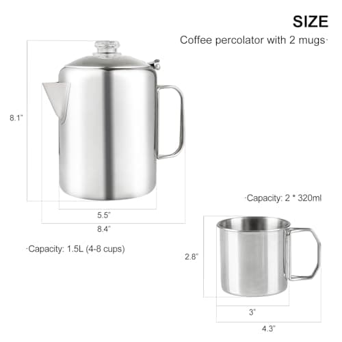 Coffee Percolator Bundle with 2 Mugs Stainless Steel Coffee Maker with Heat Resistant Tough Glass Knob & Foldable Handle Using on any Stovetop Outdoor Camping NO Aluminum NO Plastic (8 Cup)