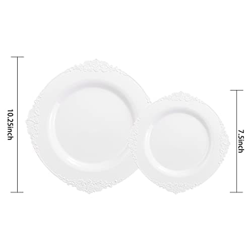 Morejoy 100PCS White Plastic Plates,White Disposable Plates,Include 50 Pieces 10.25 Inch Dinner Plates & 50Pieces 7.5 Inch Dessert Plates,Perfect for Weddings & Party