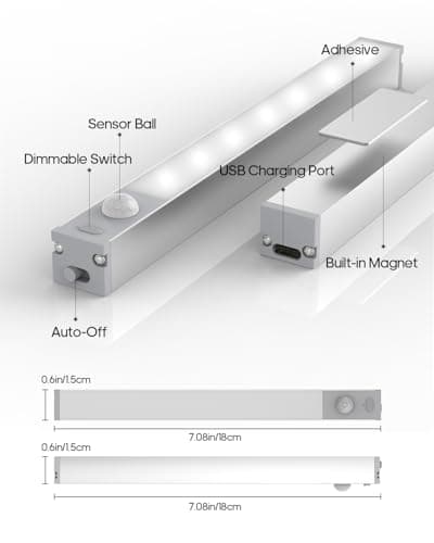 Led Under Cabinet Lights Wireless, 7’’ Rechargeable Motion Sensor Light Indoor, Dimmable Closet Lights for Cabinets, Bookshelf, Stair, Hallway
