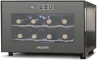 JINJUNYE 8 Bottle Wine Cooler Refrigerator, Wine Fridge Small, Countertop Wine Cooler with Temperature Control, Mini Freestanding Wine Cellar Glass Door for Home, Office, Bar, High-End Gift