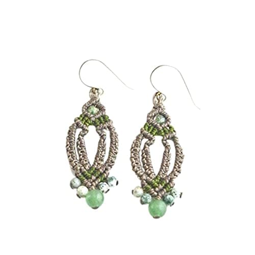 Custom Made Arrowhead Micro Macrame Earrings with Jade and Qinghai Jasper Stones Sterling Silver and Fiber in Customized Colors