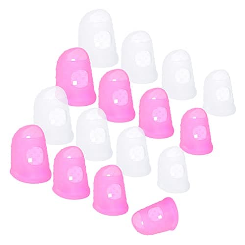 Wisdompro 16 Pcs Finger Tips, 4 Sizes Silicone Thimble Fingertip Grips Thumb Protectors Pads Cover for Hand Sewing, Paper Sorting, Page Turning, Money Counting, Guitar Playing - Pink, Translucent