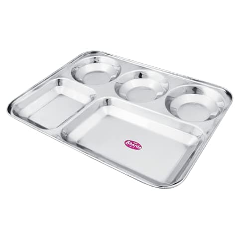 Sharda Metals Stainless Steel Rectangular Compartment Thali with 5 in 1 Divided Partition, Mess, Bhojan, Lunch & Dinner Plates - 13 x 10 inches