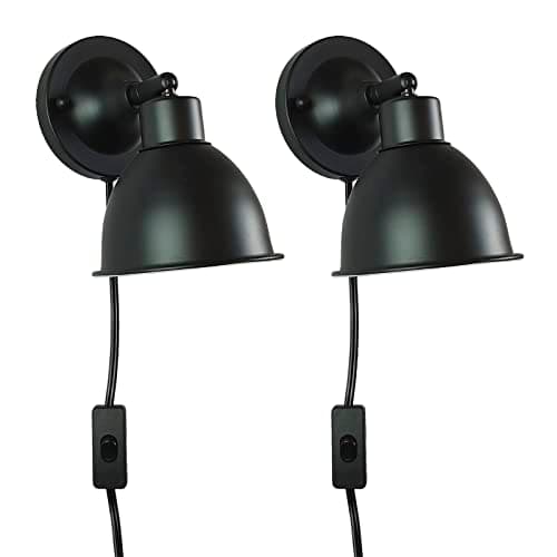 Modern Adjustable Study Wall Sconce, Set of Two, Swing Arm Reading Light for Bedroom, Bathroom, Kitchen, Home Office. Plug in or Hardwired. (Matte Black)