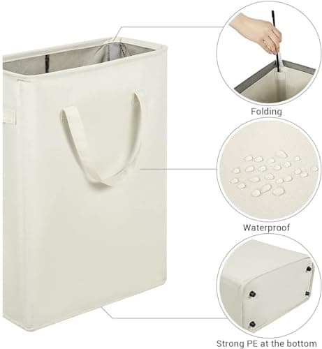 ZERO JET LAG Slim Laundry Hamper With Handles Collapsible Laundry Basket Thin Dirty Clothes Basket Narrow Laundry Bag Foldable Dirty Clothes Hamper 45L (23 inches,Beige)