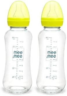 Mee Mee Premium Glass Feeding Bottle with Eazy-Flow Technology, Anti-Colic Valve,Anti Slip,BPA-Free Baby Feeding Bottle for Babies & Toddlers(Green, 240Ml,Pack of 2)