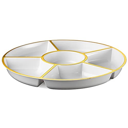 Plasticpro 6 Sectional Round Plastic Serving Tray/Platter (4, White & Gold)