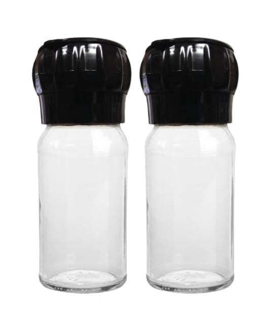 Refillable Glass Grinder, Cute Clear Empty Mill For Grinding Rock Salt, Pepper, Spices Or Peppercorn - With Black Grinder Mechanism and Cap, 4oz.| 2 PACK!