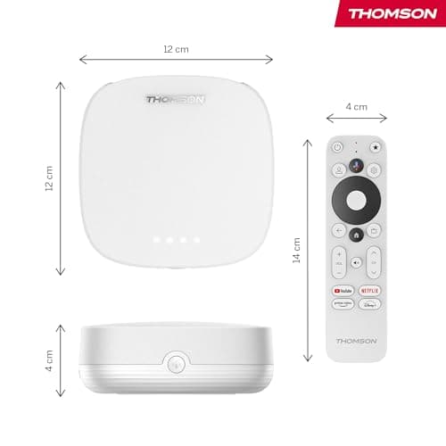 THOMSON Streaming Box Plus 270 White, Google TV, 4K UHD, Built-in Speaker for Hands Free Voice, Google Cast, Netflix, Disney+, Wi Fi, Multi Plug Power Adapter, 3 GB RAM, 32 GB Storage