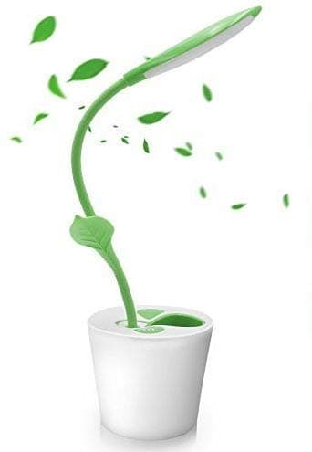 LED Desk Lamp Reading Night Light with Rechargeable USB Cable, Flexible Neck, 3 Levels of Dimmable Touch-Sensitive Office Study Table Lamp and Cute Plant Pen Container (Green-B)