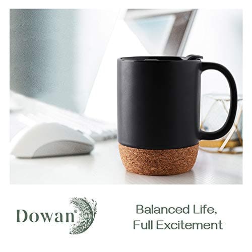 DOWAN Coffee Mug Sets with Lid and Handle, 443ml Set of 2 Large Ceramic Mugs, with Insulated Cork and Splash Proof Mug Lid, Matte Black