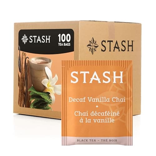 Stash Tea Decaf Vanilla Chai Black Tea 100 Count Box of Tea Bags in Foil (packaging may vary) Individual Decaffeinated Black Tea Bags for Use in Teapots Mugs or Cups, Brew Hot Tea or Iced Tea