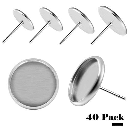 BronaGrand 40pcs Stainless Steel Stud Earring Cabochon Setting Post Cup Fit for 12mm,10mm,8mm,6mm(4 Sizes)