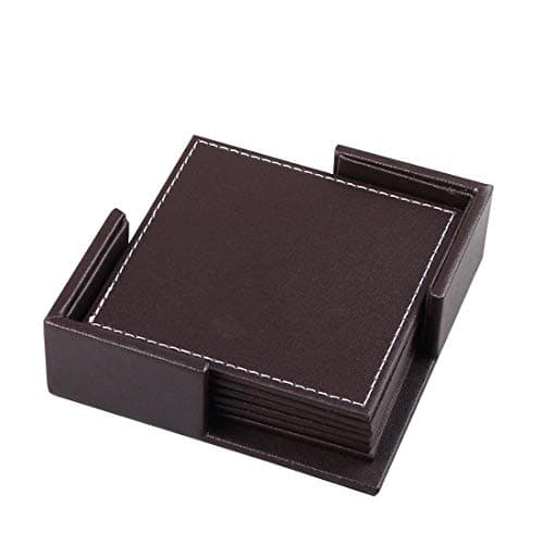 Coasters for Drinks, Thipoten Leather Coasters Set with Holder Set of 6,Protect Furniture from Water Marks Scratch and Damage (Sqaure Brown)