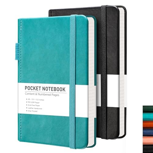 RETTACY Small Notebook 2-Pack - A6 Leather Hardcover Pocket Notebook with 160 Numbered Pages per Pack, College Ruled Notebook, 100 GSM Acid-Free Paper, Inner Pocket, 3.5" × 5.5" (Black & Cyan)