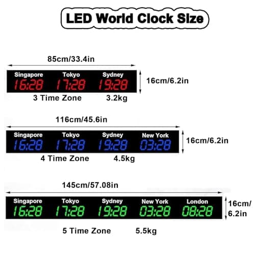 Wall Mounted World Clock, 3/4/5 City Time Zone LED Digital World Time Wall Clock Indoor Multi Time Zone World Wall Clock for Multinational Enterprises/Office/Home/Living Room/School,Blue-5City
