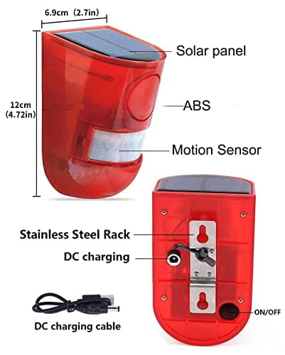 Solar Strobe Light with Motion Sensor Security Alarm Flashing 6LED Light 129dB Sound Security Siren IP65 Waterproof for Home Villa Farm Hacienda Apartment Outdoor Yard Garden