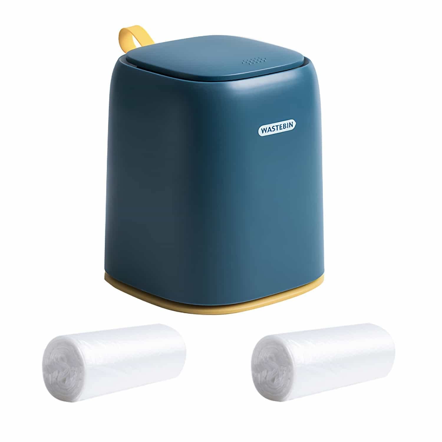 Mini Desktop Trash Can with Press Type Lid, Small Waste Garbage Basket Bin for Desk Office Kitchen, Colorful Plastic Trash with 2 Rolls of Trash Bags (Navy Blue)