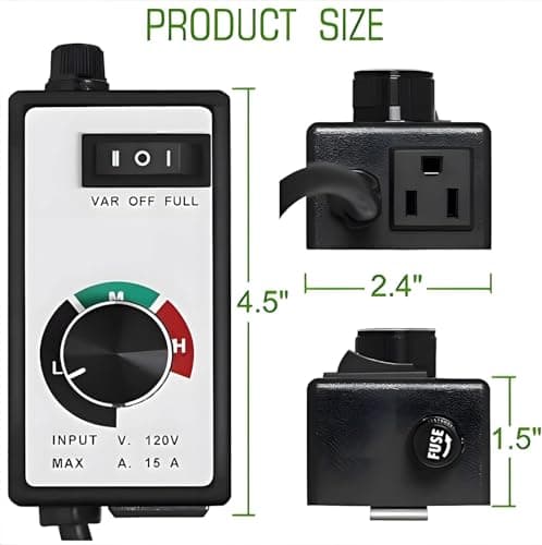 AC Motor Speed Controller 120V 15A Max Electronic Fan Speed Controller Variable Adjuster for Hydroponics Inline Duct Exhaust Ceiling Fans with 6' Long Cord