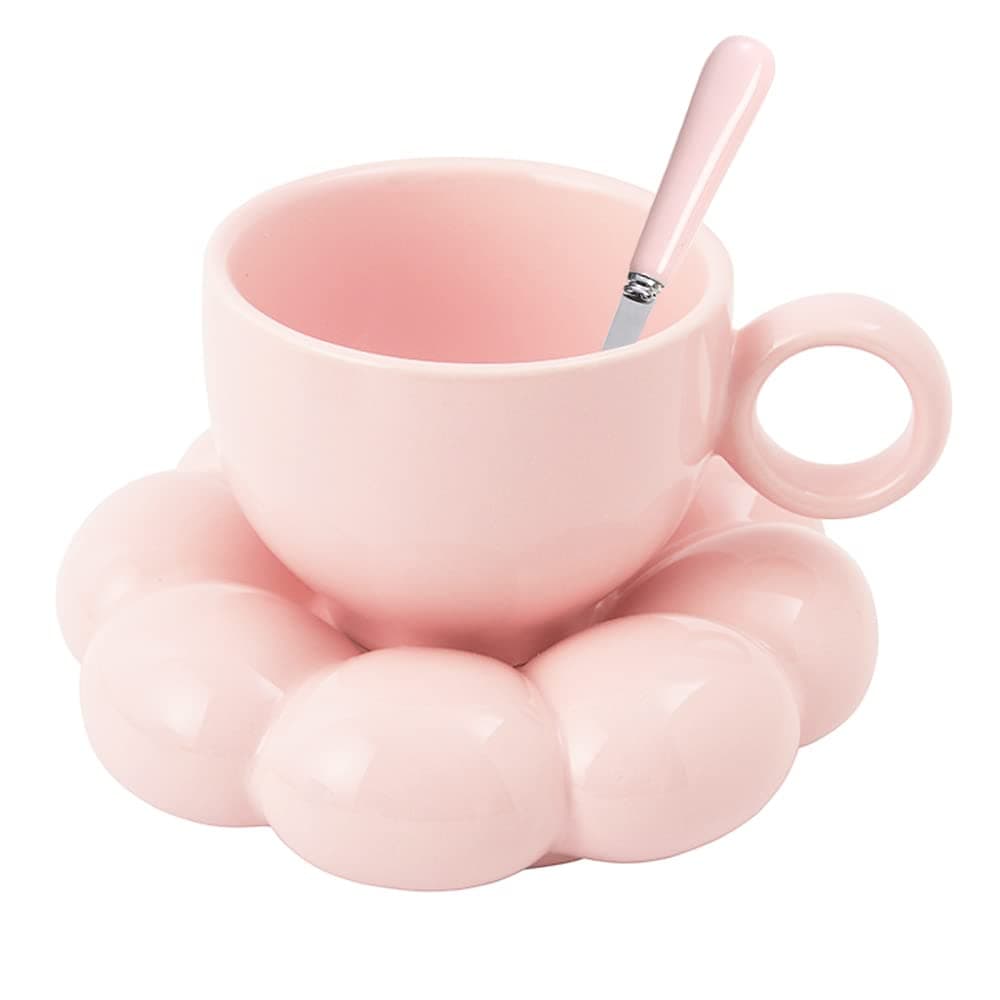 Ceramic Flower Coffee Mug, Creative Cute Mug with Cloud Sunflower Coaster for Office and Home, 6.5oz/200ml for Tea Latte Milk (Pink)