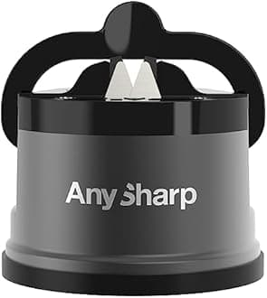 AnySharp Pro Metal Knife Sharpener, Hands-Free Safety, PowerGrip Suction, Sharpens All Kitchen Knives, Ideal for Hardened Steel & Serrated, World's Best, Compact, One Size, Gun Metal