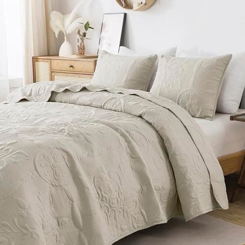 Light Beige Damask Quilt Queen Size Bedding Sets with 2 Pillow Shams, Boho Bedspread Lightweight Soft Farmhouse Vintage Bohemian Coverlet Retro Jacquard Pattern Bed Cover for All Season, 3 Pieces