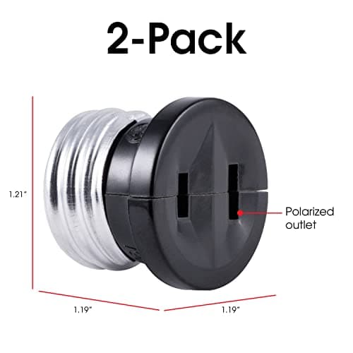 Power Gear, 2 Pack, Black, Polarized Handy Plug, Convert Light Bulb Socket to Outlet Adapter, 2-Prong, Easy to Install, UL Listed, 54276, 2 Count