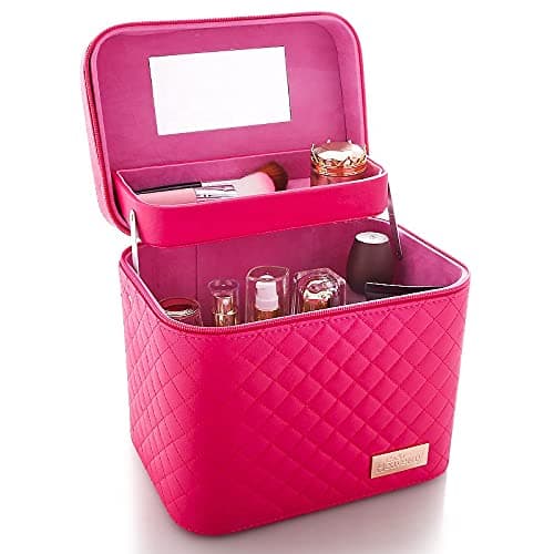 Adson Professional Makeup Train Case with Mirror - Cosmetic Studio Box Designed to Fit All Cosmetics Make Up Bag Organizer (Pink)