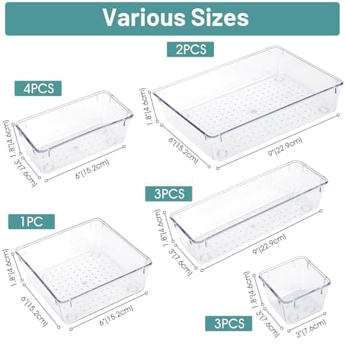 WOWBOX 13 PCS Clear Plastic Drawer Organizer Set, 5 Sizes Desk Drawer Divider Organizers and Storage Bins for Makeup, Jewelry, Gadgets for Kitchen, Bedroom, Bathroom, Office