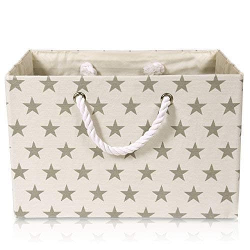 Foldable White Canvas Storage Basket Rectangle Fabric Basket with Gray Star Pattern – Perfect for Household Storage, Fabrics or Toys. Size: Width 16.5ins x Depth 12.5ins x Height 11ins