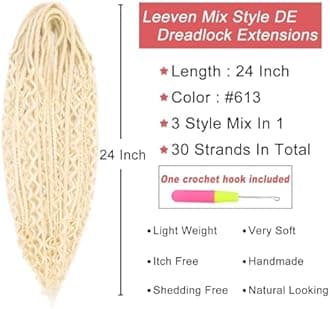 Leeven Synthetic Dreadlock Extensions Double Ended 24 Inch 30 Strands Boho Dreads 613 Blonde 3 Style Mixed Wavy Curly DE Dreads Braid in Full Set Dread for Women Girl