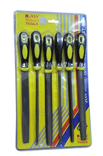 Jon Bhandari Tools 6-Piece Assorted File Set with Handle (8 Inch) | Flat, Round, Half-Round, Triangular, Square & Rasp Files for Wood, Metal, DIY & Carpentry