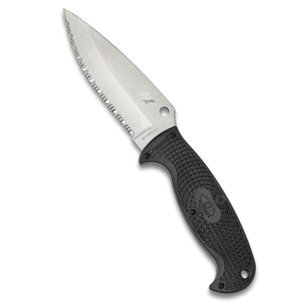 Jumpmaster 2 Fixed Blade Knife - Black FRN Handle with SpyderEdge, Hollow Grind, H-1 Steel Blade - Includes Boltaron Sheath - FB24SBK2