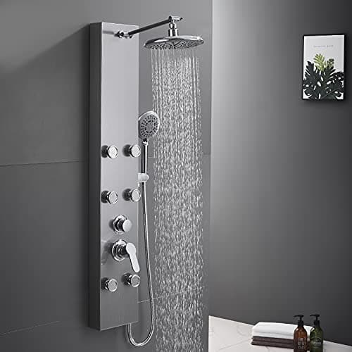 ROVATE Shower Panel Tower System 304 Stainless Steel, Shower Panel System with Adjustable Rainfall Shower Head, 6 Body Massage Jets and 5 Functions Handheld, Brushed Surface